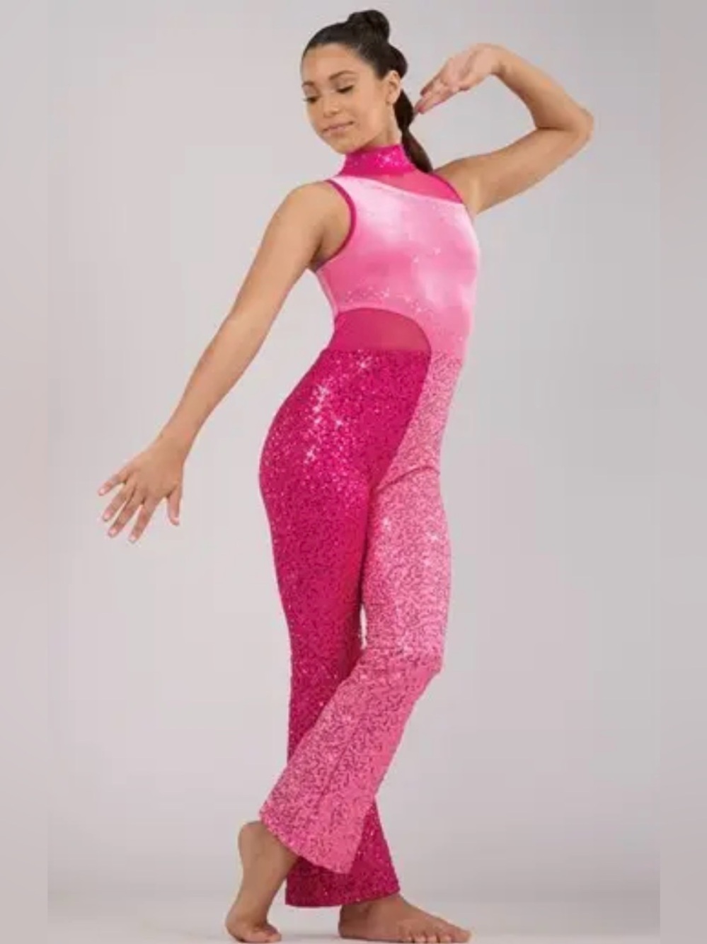 Pink Sequin Dance Jumpsuit – Sleeveless High Neck